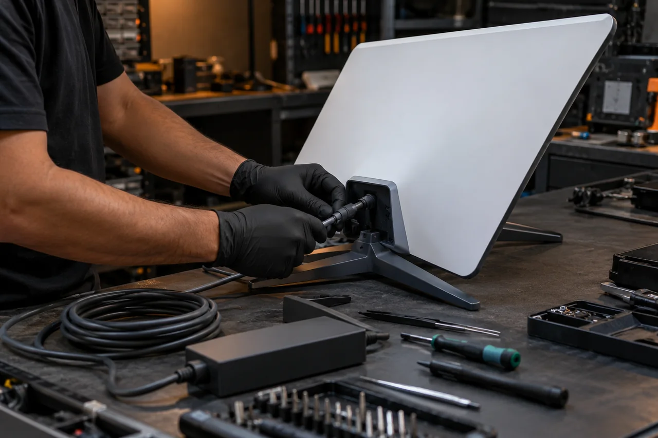 Mãos de técnico avaliando antena Starlink aberto em bancada de assistência técnica.