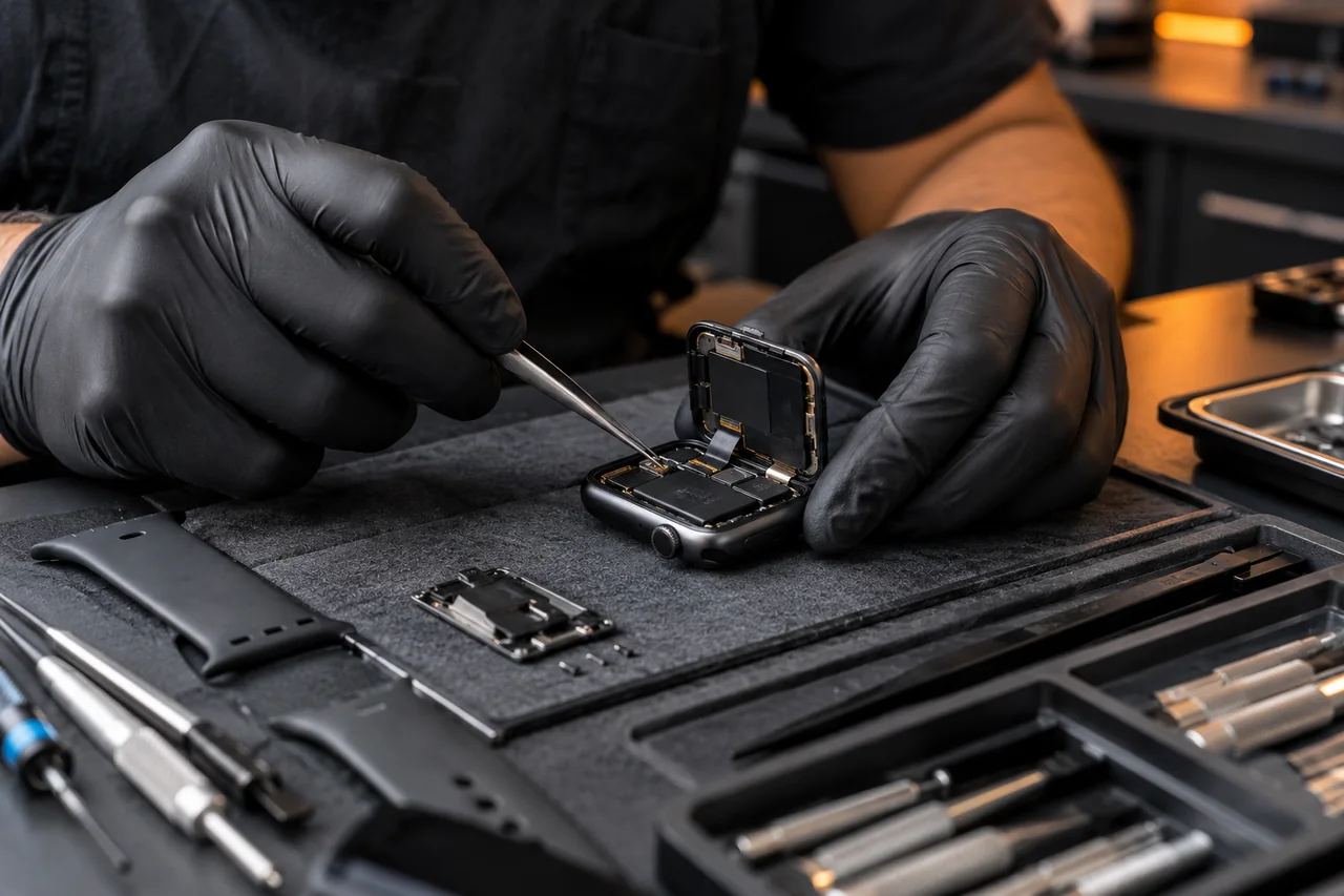 Mãos de técnico avaliando Apple Watch aberto em bancada de assistência técnica.
