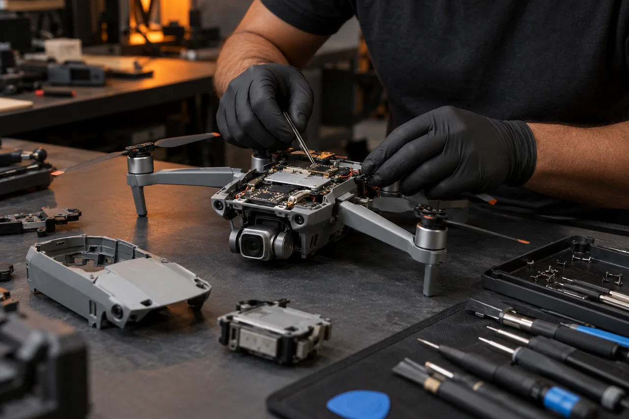 Mãos de técnico avaliando drone aberto em bancada de assistência técnica.
