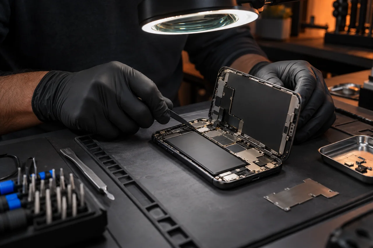 Mãos de técnico avaliando iPhone aberto em bancada de assistência técnica.