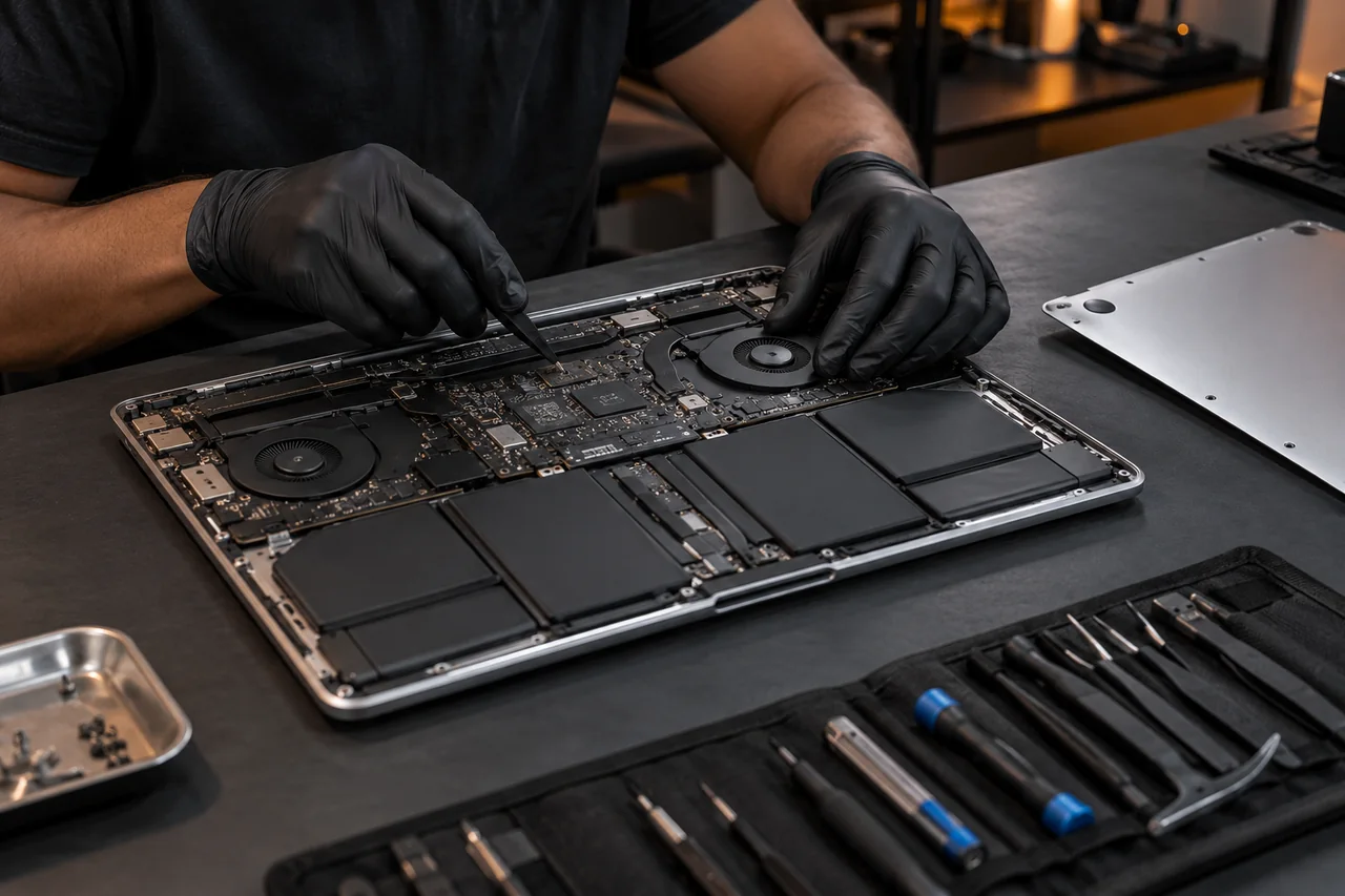 Mãos de técnico avaliando MacBook aberto em bancada de assistência técnica.