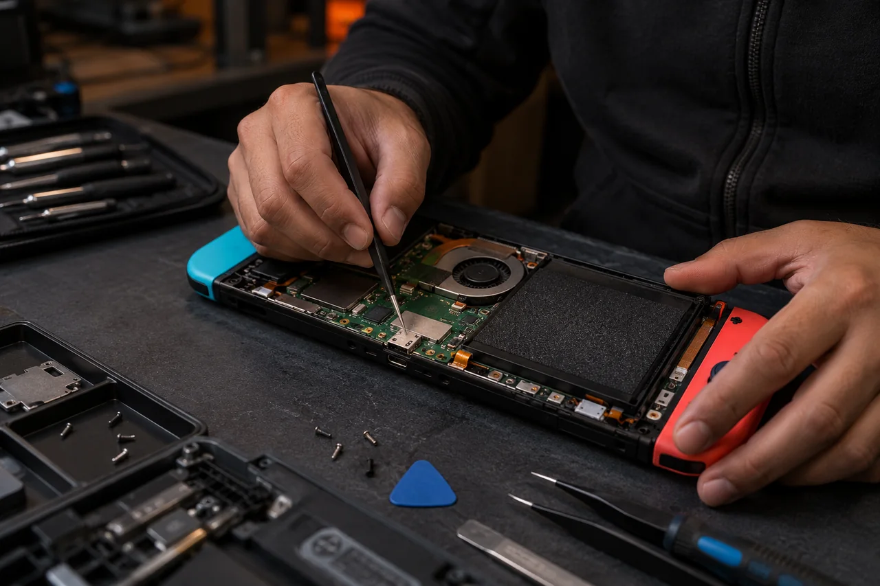 Mãos de técnico avaliando Nintendo Switch aberto em bancada de assistência técnica.