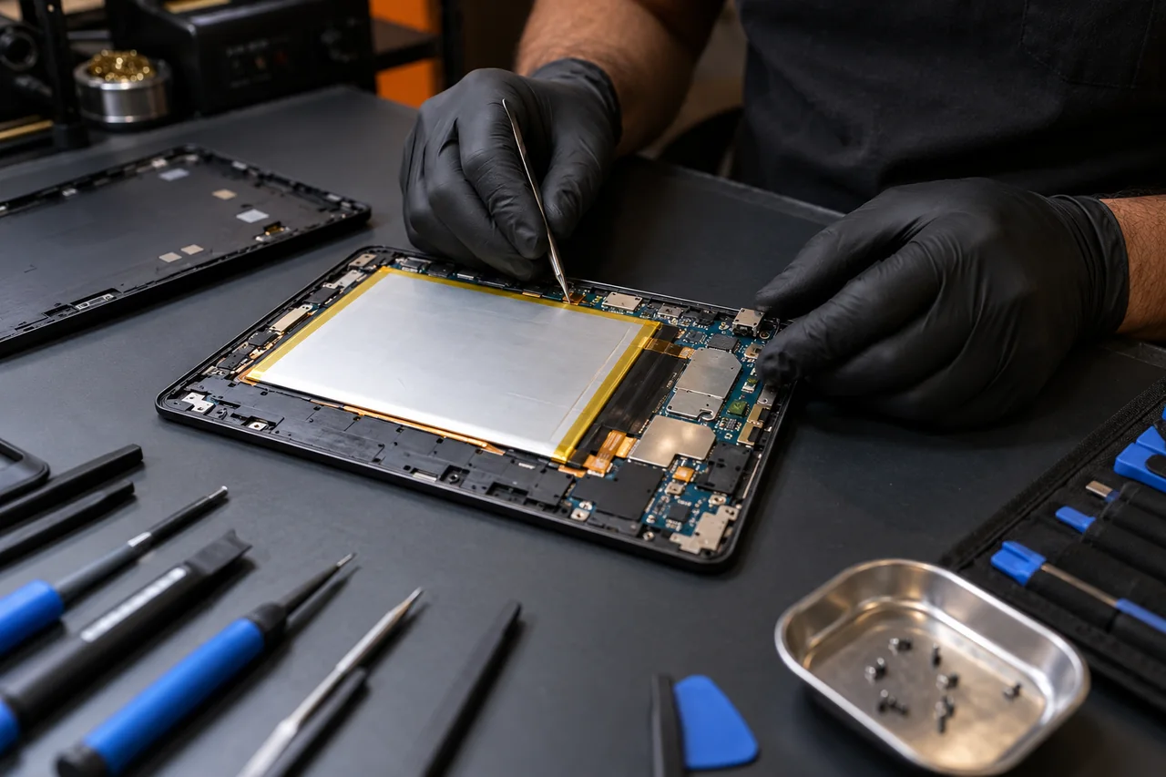 Mãos de técnico avaliando tablet Android aberto em bancada de assistência técnica.