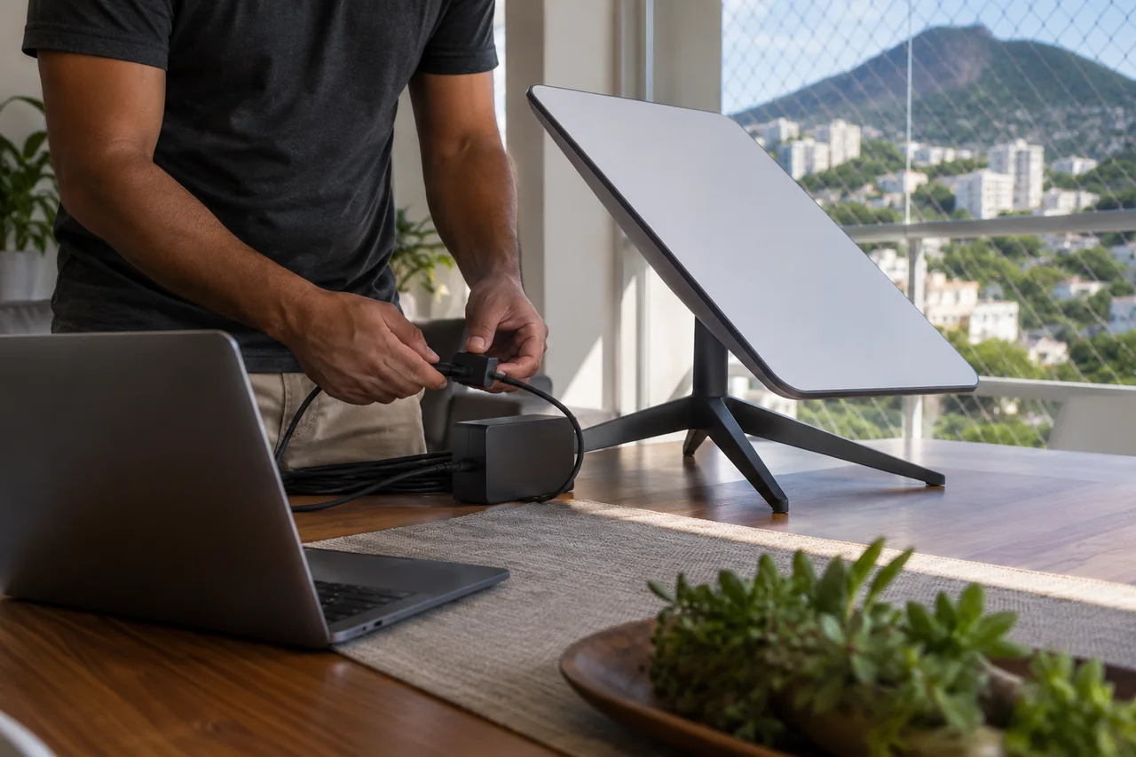 Antena Starlink em um ambiente de uso cotidiano.