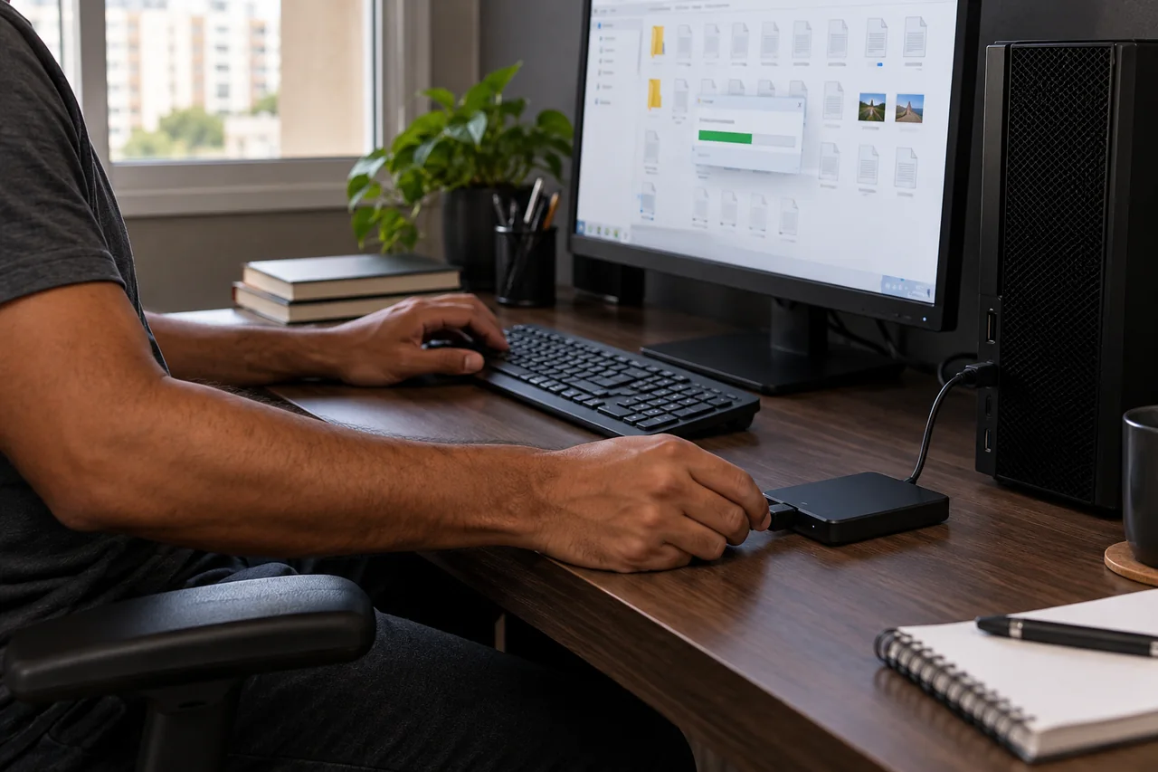 Computador de mesa em um ambiente de uso cotidiano.