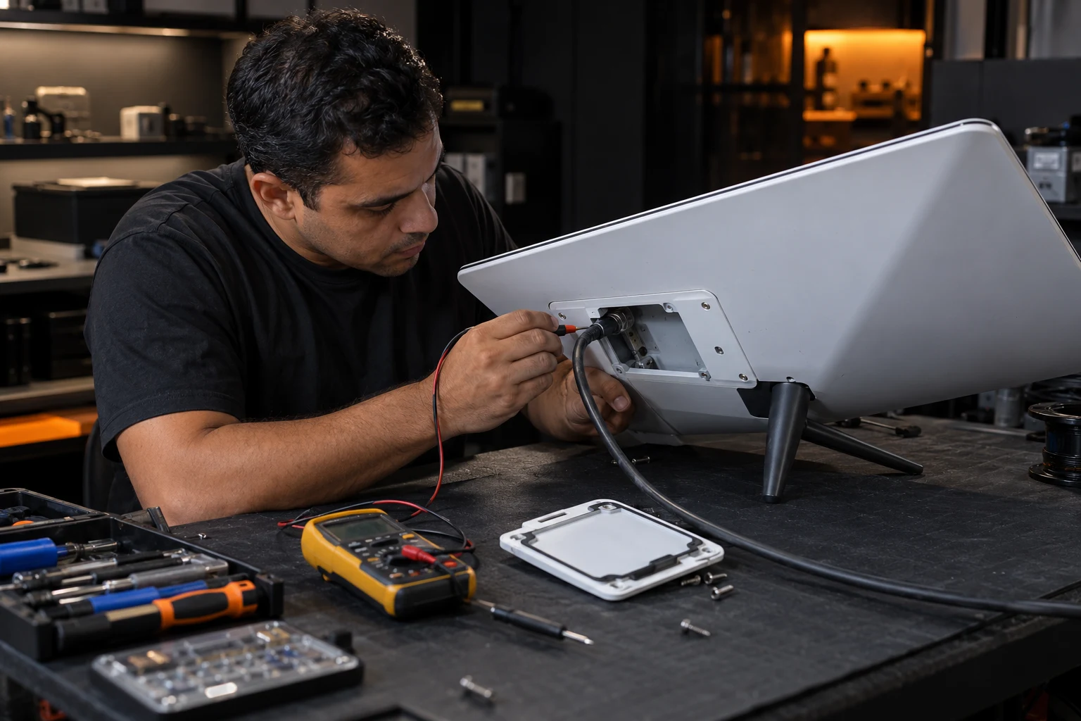Técnico moreno inspecionando antena Starlink em bancada