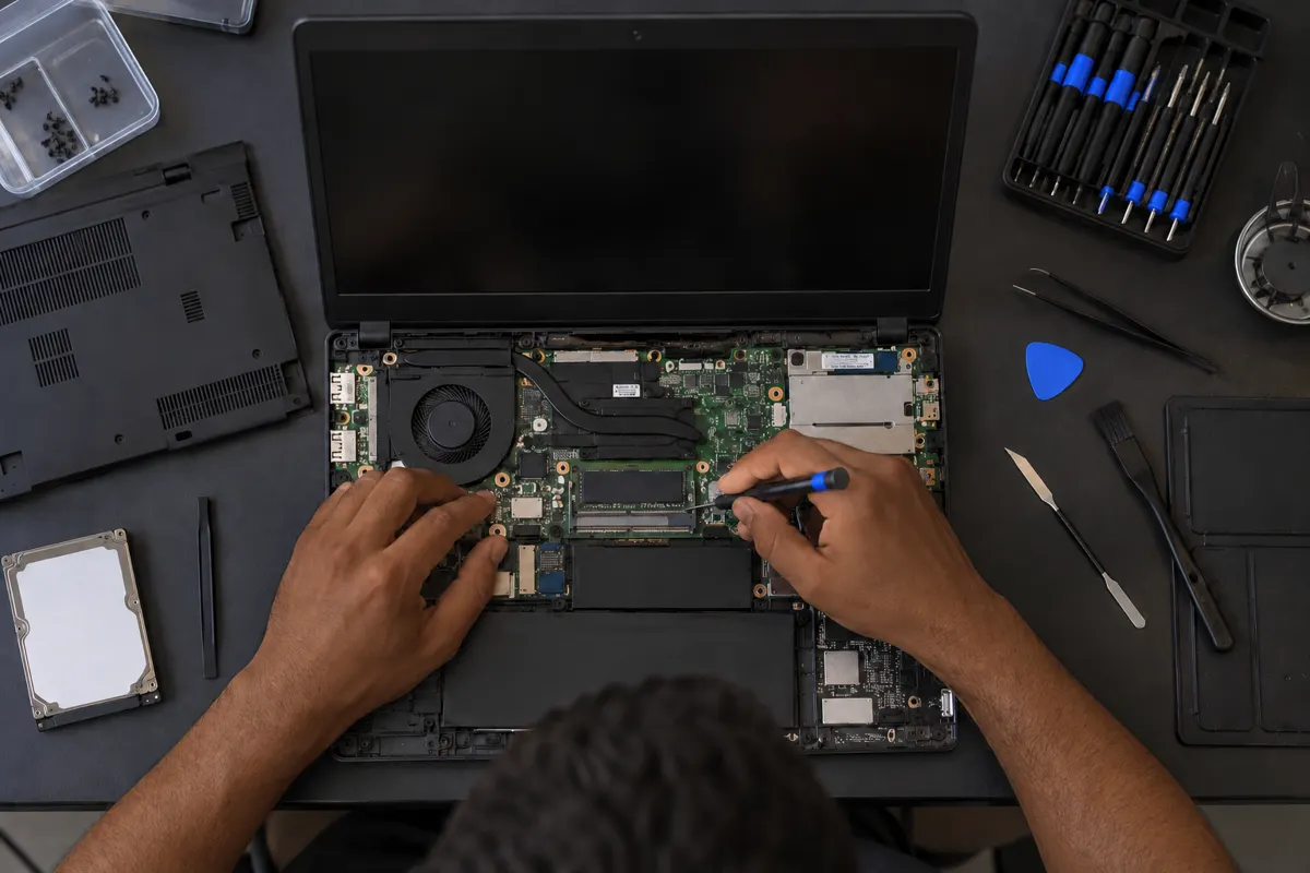 Técnico avaliando notebook aberto em bancada
