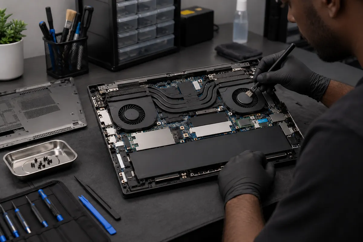 Notebook aberto em bancada de assistência técnica