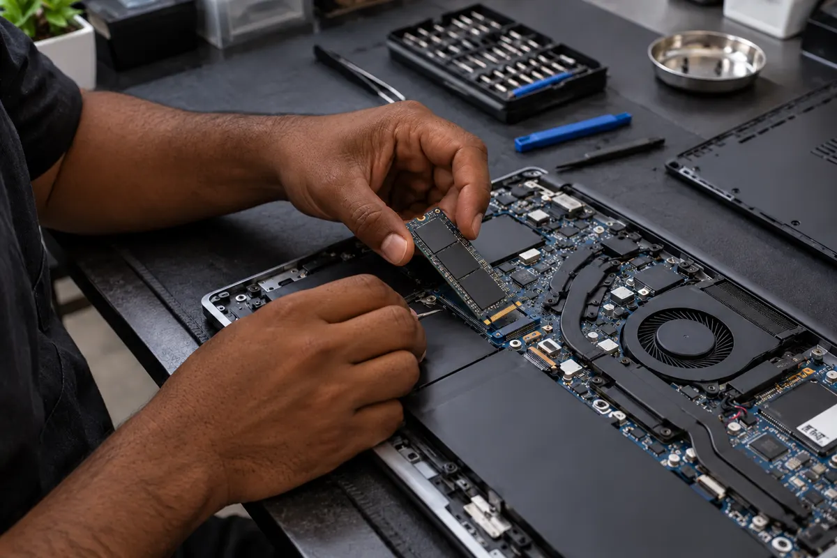 Técnico instalando componente de armazenamento em notebook aberto